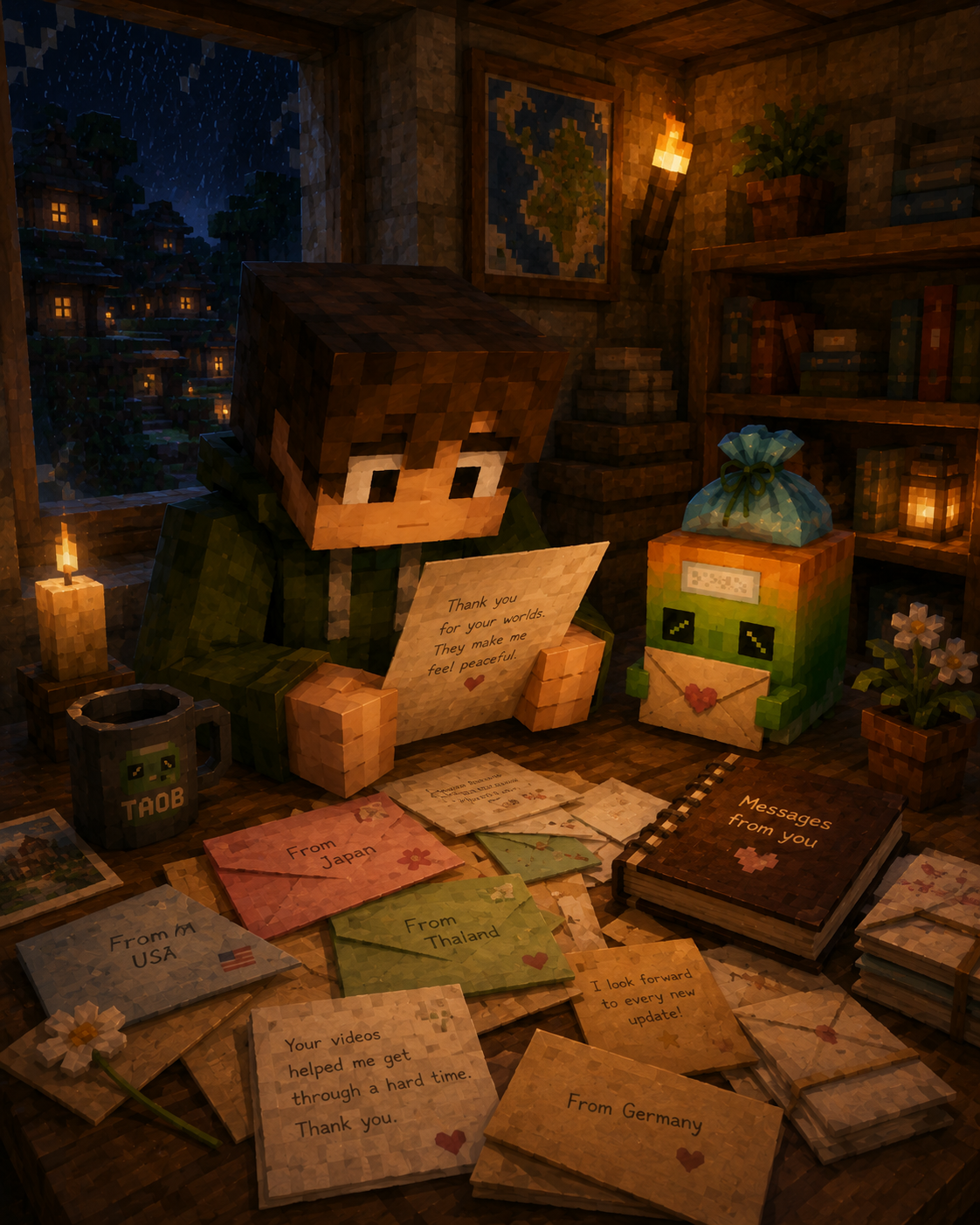 The creator reading messages from the community in a warmly lit Minecraft-style room