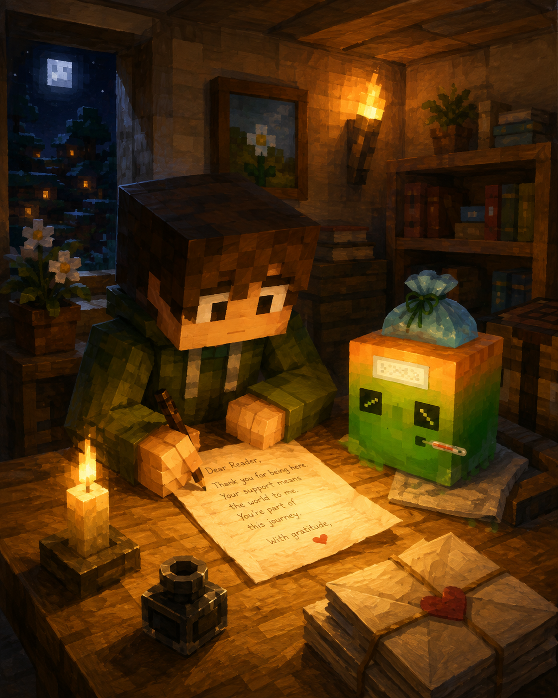 The creator writing a letter in a warmly lit Minecraft-style room