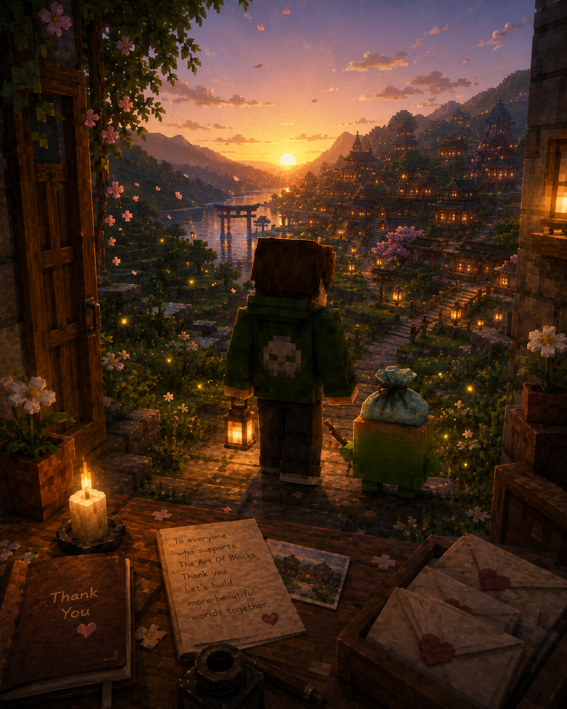 The creator and mascot looking over a Minecraft world at sunset