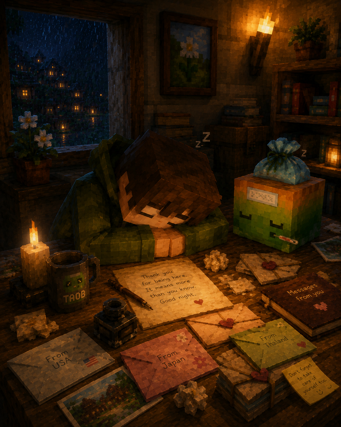 The creator resting in a warmly lit Minecraft-style room